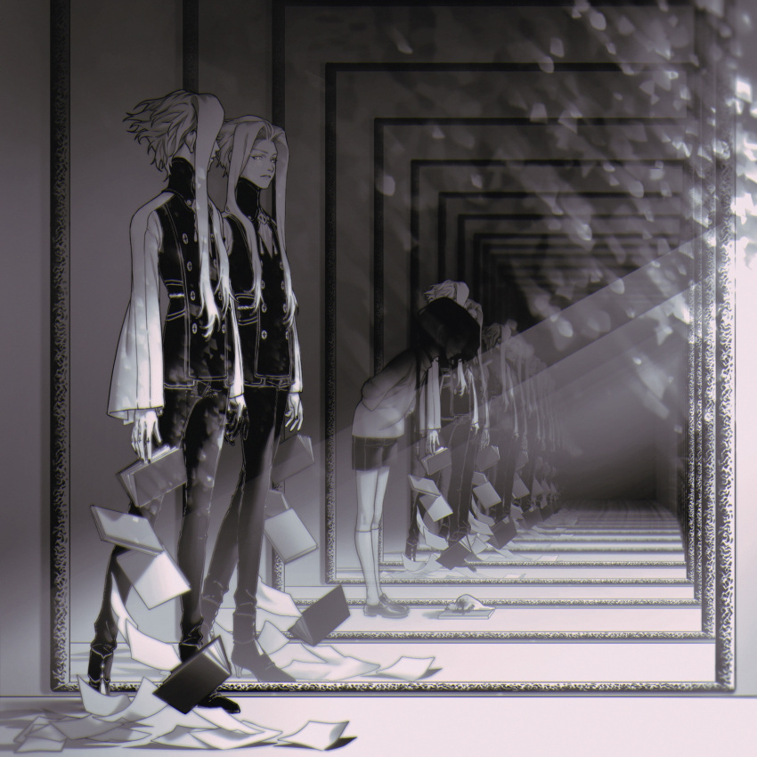 1boy, ankle_boots, arms_at_sides, arms_behind_back, book, boots, bowing, commentary