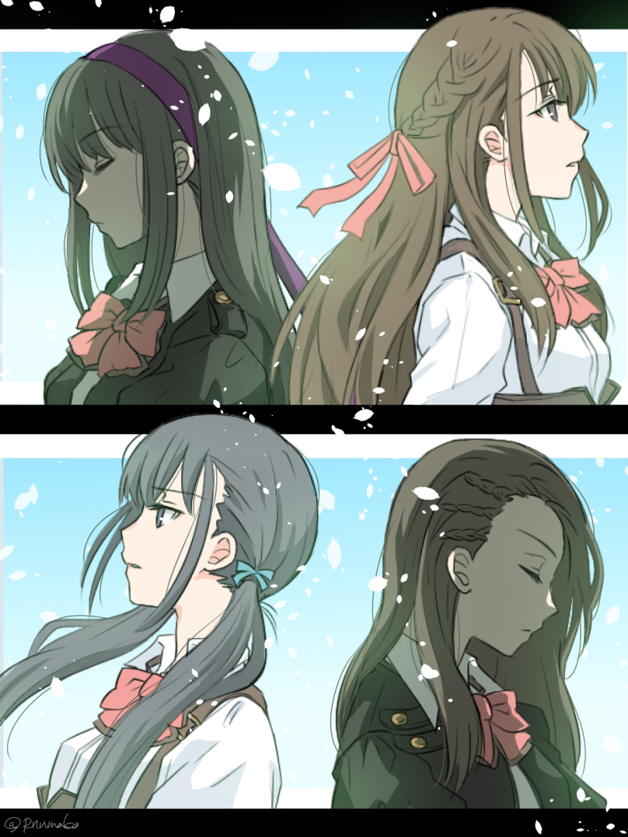 4girls, assault_lily, asymmetrical_bangs, back-to-back, bangs, blue_background, blue_bow, bow