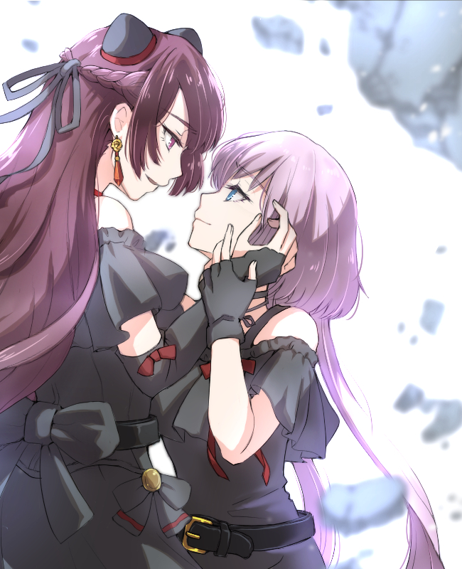 2girls, assault_lily, back_bow, bangs, bare_shoulders, belt, belt_buckle, black_belt