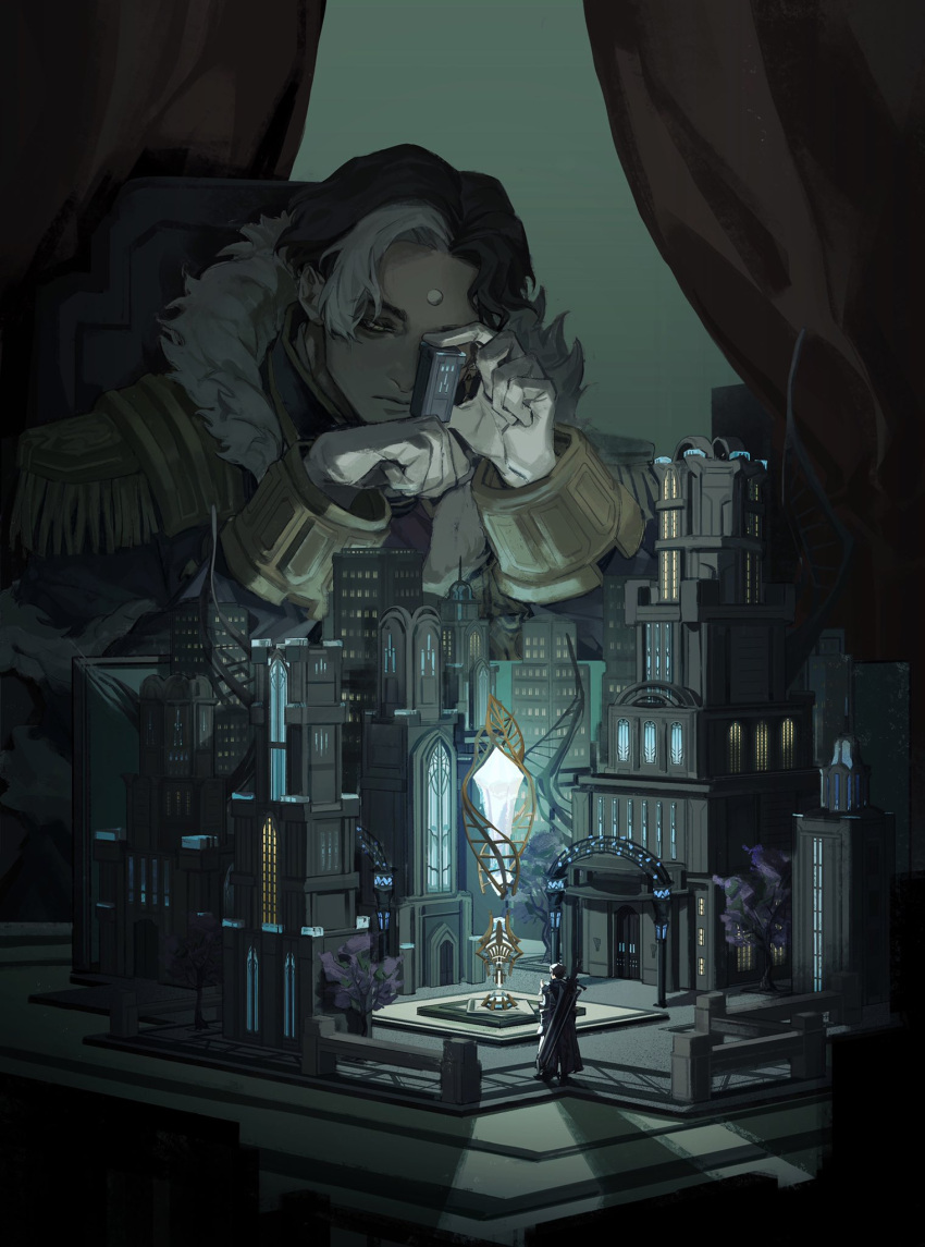 2boys, adventurer_(ff14), aetheryte, amaurot, arch, armor, black_hair, brown_hair