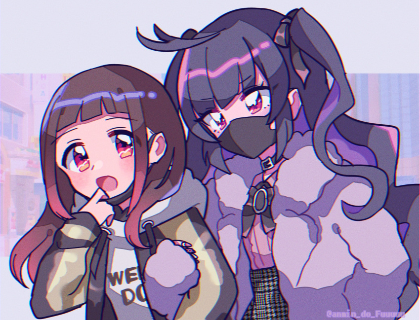2girls, ahoge, anmin_do_fuuuuu, arm_hug, bangs, black_bow, black_choker, black_hair, black_jacket, blunt_bangs, bow, center_frills, chizu_ranka, choker, chromatic_aberration, city, commentary, covered_mouth, finger_to_own_chin, frills, fur_jacket, gradient_hair, hair_down, hand_on_hip, hand_up, highres, hood, hoodie, houndstooth, jacket, lapels, long_hair, looking_at_another, magia_record:_mahou_shoujo_madoka_magica_gaiden, mahou_shoujo_madoka_magica, mask, mask_pull, mouth_mask, multicolored_hair, multiple_girls, ooba_juri, open_mouth, orange_eyes, orange_hair, pastel_colors, pink_shirt, print_hoodie, shirt, short_bangs, sidelocks, symbol-only_commentary, text_print, track_jacket, twintails, twitter_username, upper_body, wavy_hair, white_hoodie, white_jacket