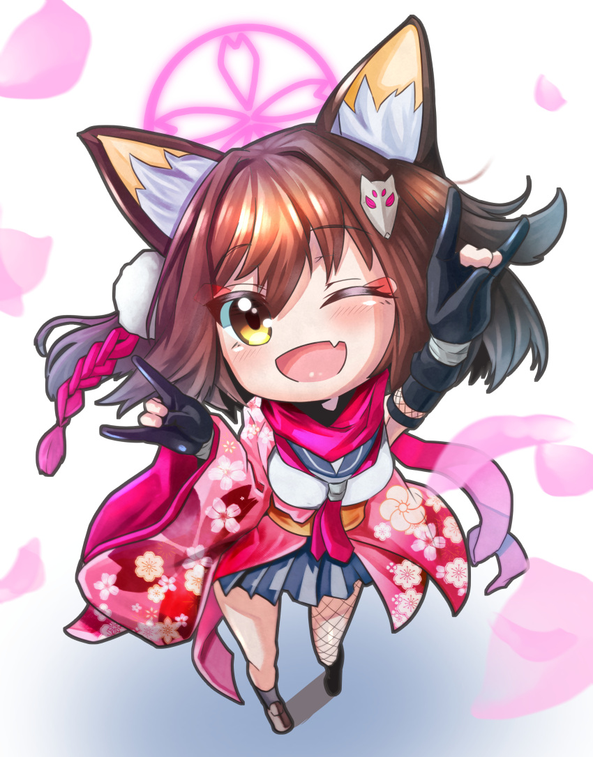 1girl, absurdres, blue_archive, brown_hair, chibi, commentary, fox_tail, full_body