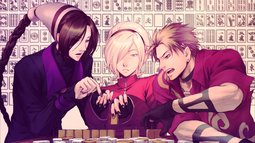 3boys, ash_crimson, black_gloves, black_nails, braid, brown_hair, closed_mouth, duo_lon