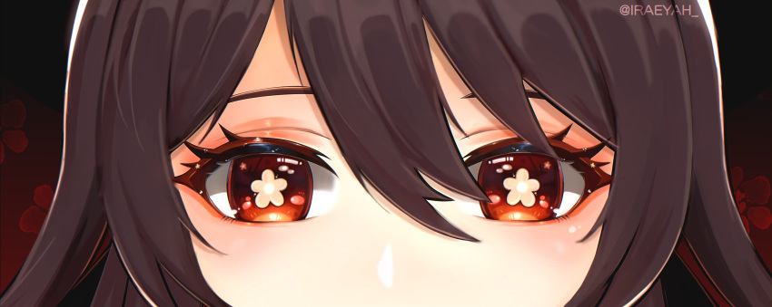 1girl, brown_hair, close-up, eye_focus, eyelashes, genshin_impact, hair_between_eyes, highres, hu_tao_(genshin_impact), iraeyah, looking_at_viewer, red_eyes, twitter_username