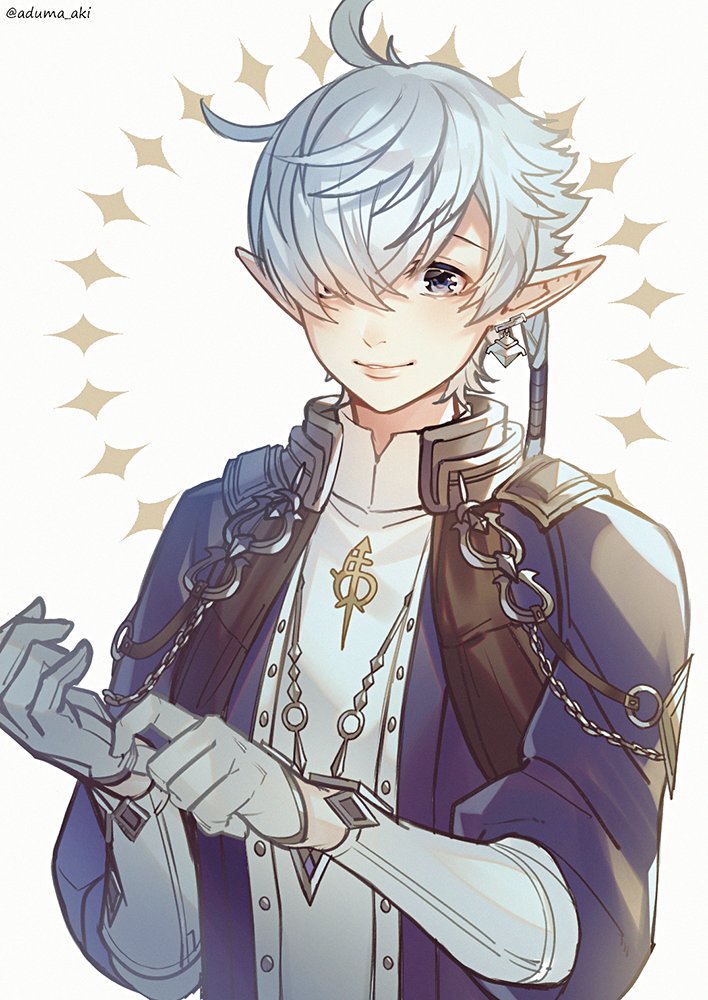 1boy, adjusting_clothes, adjusting_gloves, adzuma_nishi, alphinaud_leveilleur, blue_jacket, chain, earrings