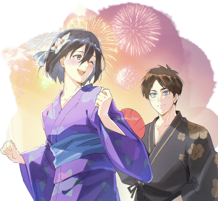 1boy, 1girl, alternate_costume, bangs, black_hair, black_kimono, blue_eyes, blush