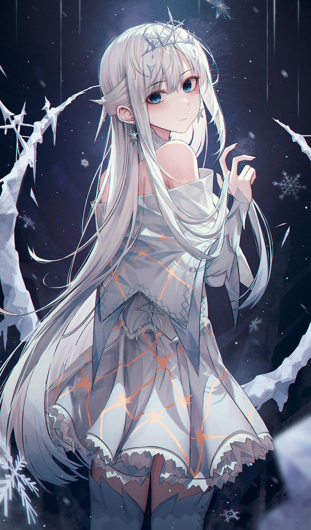 1girl, blue_eyes, crescent, darang, dress, grimlight, highres, ice, looking_at_viewer, looking_back, off-shoulder_dress, off_shoulder, snow, snowflakes, snowing, solo, thigh-highs, tiara, white_hair, winter_queen_(grimlight)