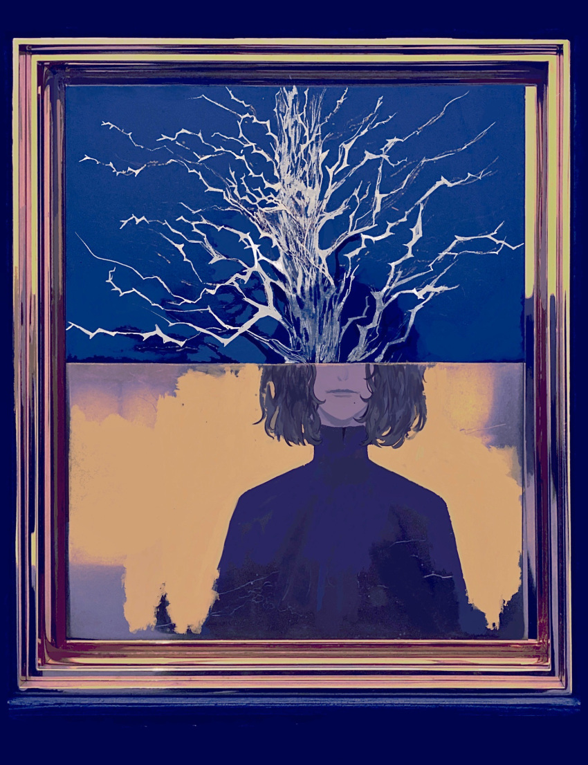 1boy, bare_tree, black_hair, blue_background, closed_mouth, commentary_request, facing_viewer, forever_7th_capital