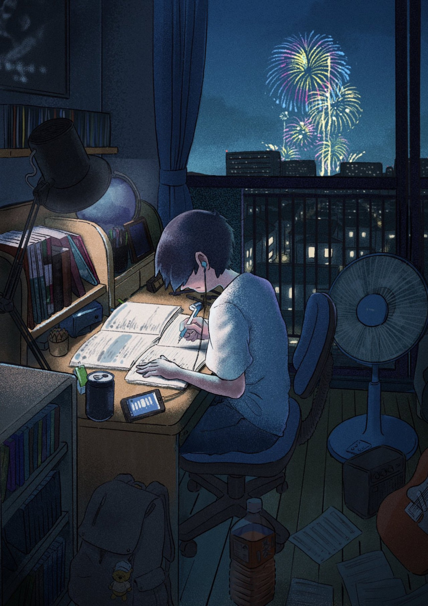 1boy, aerial_fireworks, black_hair, book, book_stack, building, can, cellphone