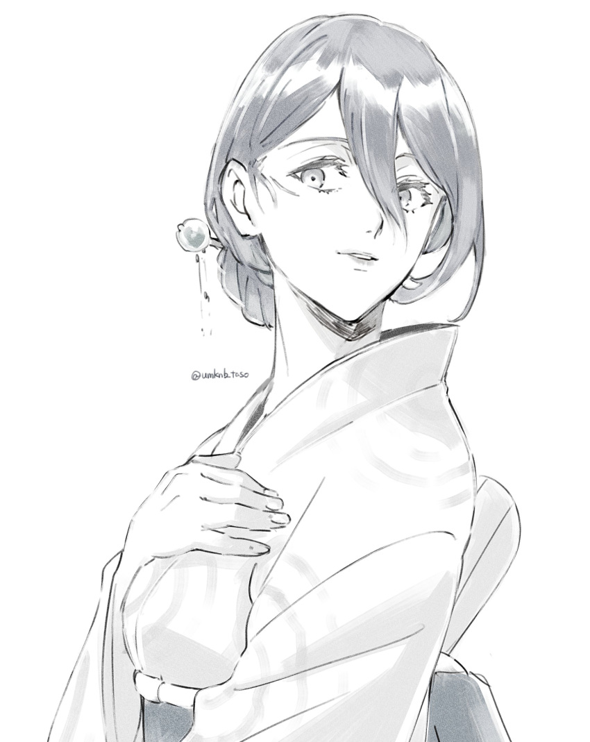 1girl, absurdres, alternate_costume, alternate_hairstyle, breasts, greyscale, hair_between_eyes, hair_bun