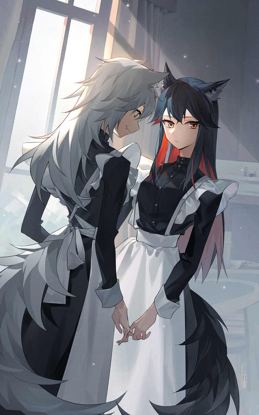 2girls, alternate_costume, animal_ear_fluff, animal_ears, apron, arknights, black_dress, black_hair, breasts, colored_inner_hair, cowboy_shot, dress, enmaided, grey_eyes, grey_hair, highres, holding_hands, indoors, lappland_(arknights), long_hair, long_sleeves, looking_at_another, looking_at_viewer, maid, maid_apron, multicolored_hair, multiple_girls, mumu_(leelee_mumu), redhead, small_breasts, tail, tail_through_clothes, texas_(arknights), two-tone_hair, white_apron, white_wrist_cuffs, window, wolf_ears, wolf_girl, wolf_tail, yellow_eyes