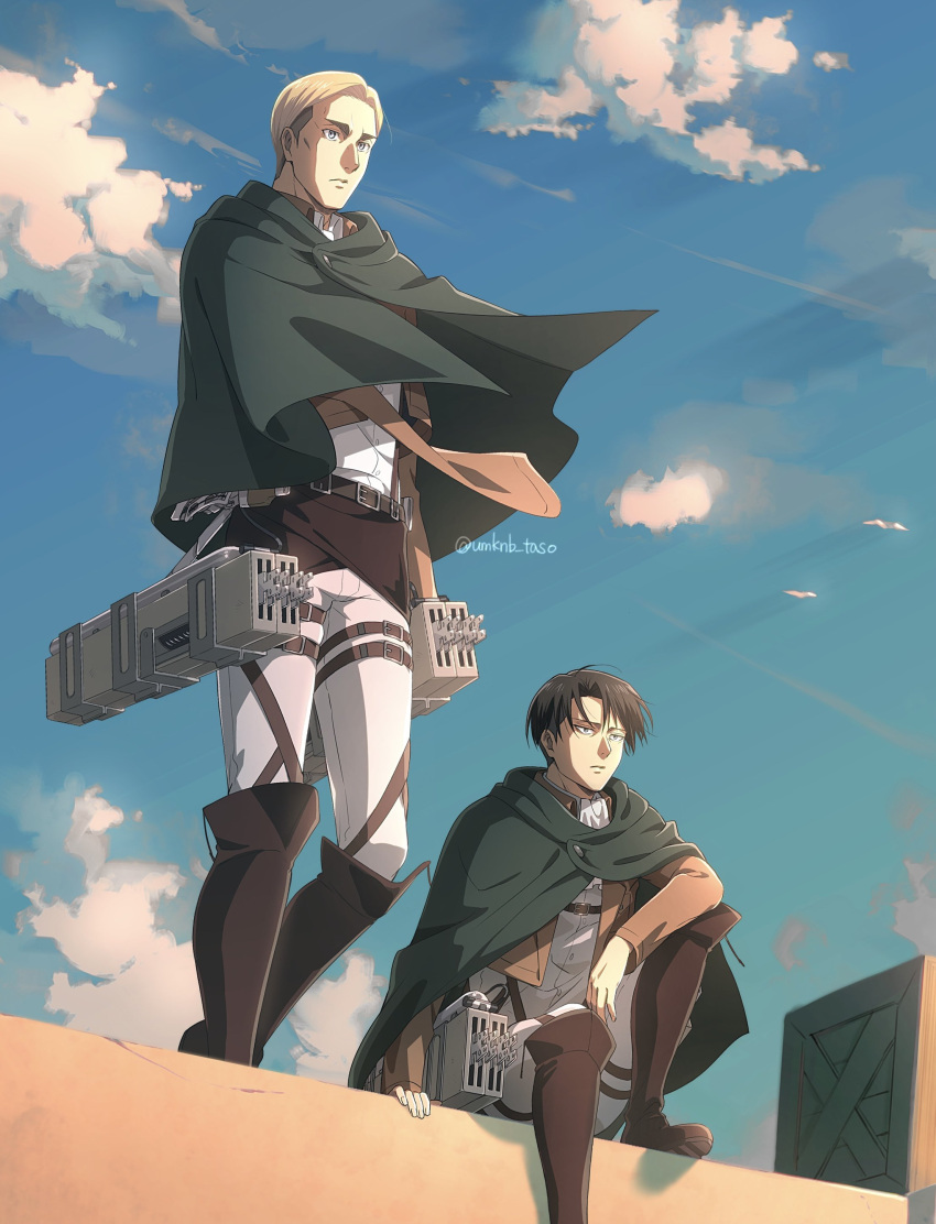 2boys, absurdres, bangs, belt, black_hair, blonde_hair, blue_eyes, blue_sky