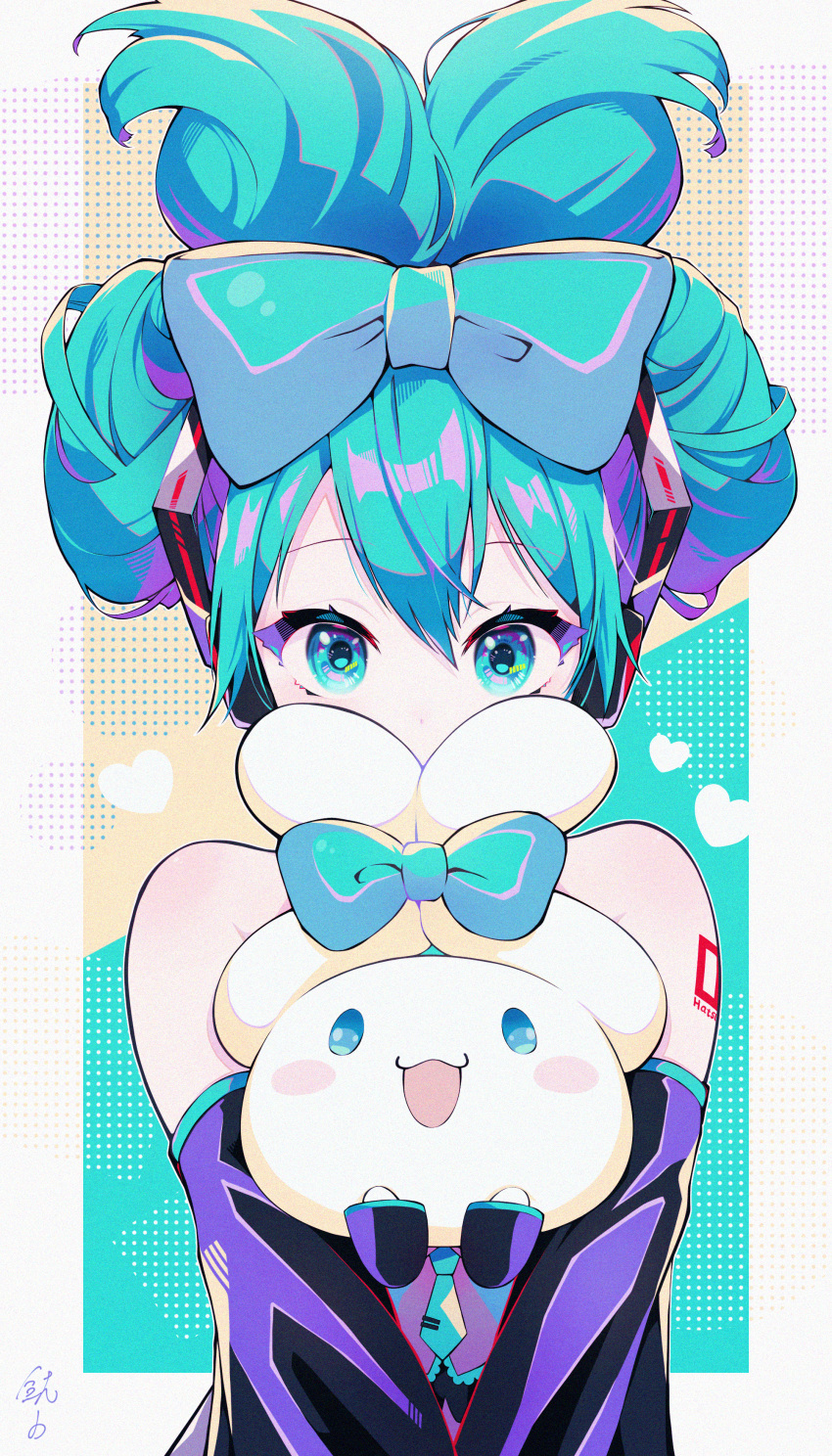1girl, :3, :d, absurdres, aqua_bow, aqua_eyes, aqua_hair, aqua_necktie