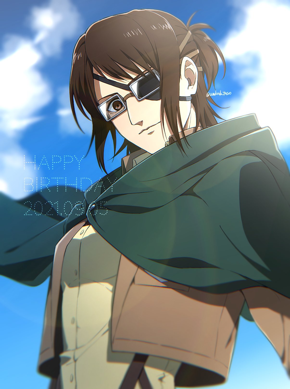 1girl, bangs, breasts, brown_eyes, brown_hair, brown_jacket, cloak, clouds