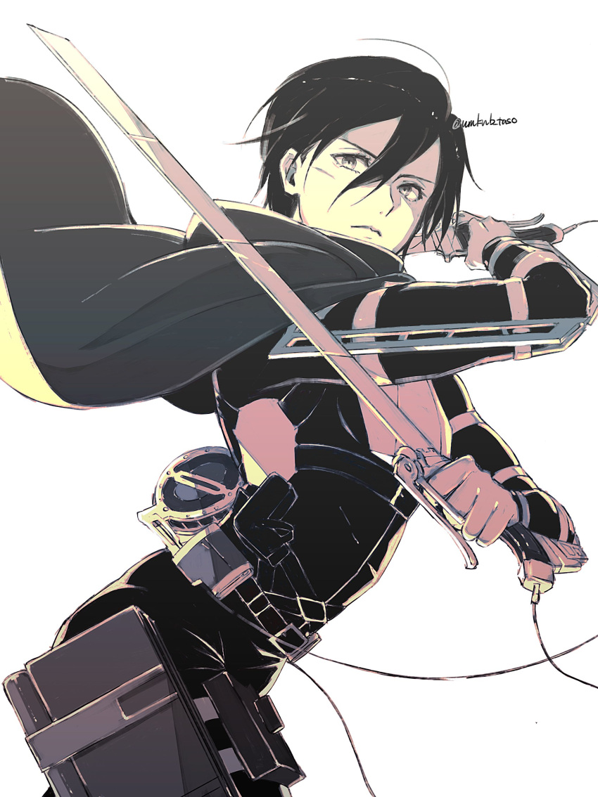 1girl, absurdres, breasts, cloak, cowboy_shot, dual_wielding, fighting_stance, hair_between_eyes, harness, highres, holding, holding_weapon, holster, long_sleeves, looking_at_viewer, medium_breasts, mikasa_ackerman, muted_color, scar, scar_on_cheek, scar_on_face, shingeki_no_kyojin, short_hair, solo, taso_(harutsukimikan), thigh_holster, three-dimensional_maneuver_gear, weapon, white_background