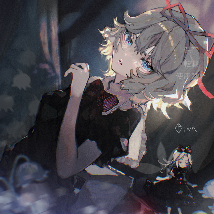 1girl, bangs, black_shirt, blue_eyes, bow, bowtie, hair_between_eyes, hair_ribbon