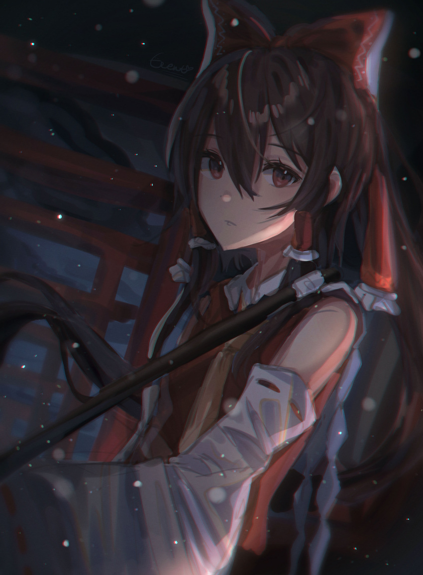 1girl, absurdres, ascot, bow, brown_hair, detached_sleeves, dutch_angle, frilled_bow