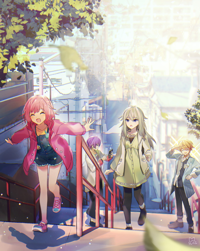 2boys, 2girls, :d, bangs, blonde_hair, blue_hair, blue_jacket, blurry