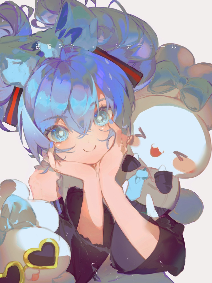 >w<, 1girl, bangs, black_sleeves, blue_bow, blue_eyes, blue_hair, blue_nails