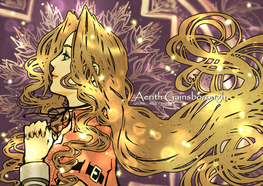 1girl, aerith_gainsborough, bangle, bangs, bracelet, brown_hair, character_name, choker