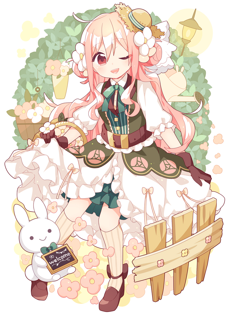 1girl, :d, ankle_strap, bangs, basket, belt, blush, bow