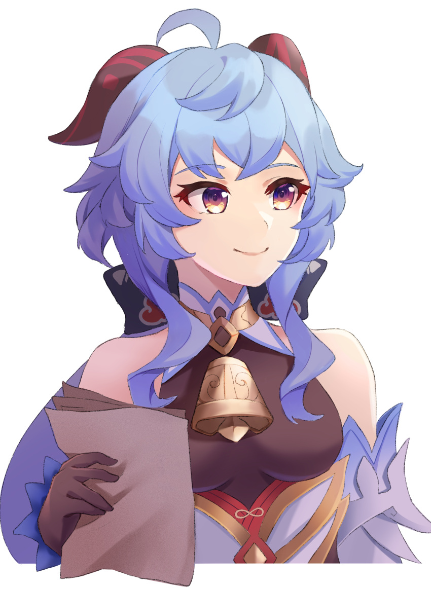 1girl, absurdres, bangs, bare_shoulders, bell, black_gloves, blue_hair, bow