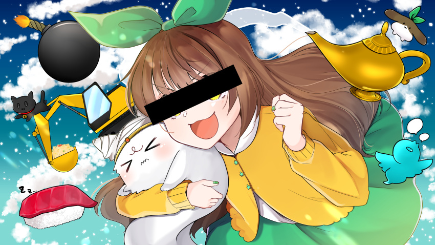 >_<, 1girl, :d, animal, bangs, bar_censor, bebe_(nanahira), bell