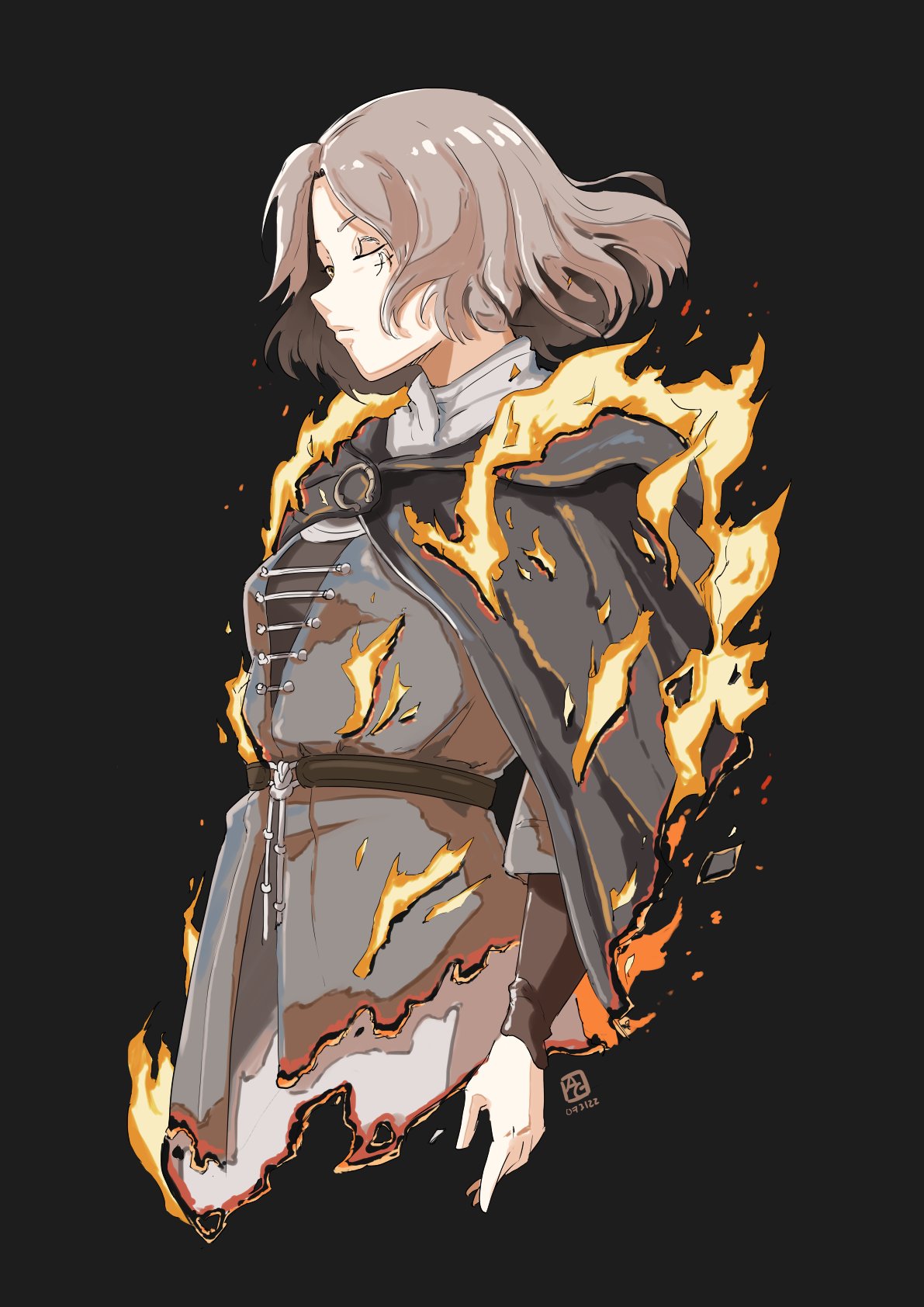 1girl, automatic_giraffe, black_background, black_cloak, brown_hair, brown_tunic, burning, cape, cloak, elden_ring, facial_tattoo, highres, hood, hooded_cape, hooded_cloak, medium_hair, melina_(elden_ring), one-eyed, one_eye_closed, scar, scar_across_eye, tattoo, yellow_eyes