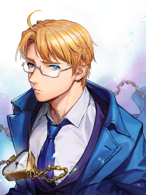 1boy, ahoge, alternate_costume, alternate_universe, america_(hetalia), axis_powers_hetalia, blonde_hair, blue_eyes, blue_suit, blurry, blurry_background, chain, formal, frown, glasses, heart-shaped_clock, light_particles, littleb623, long_sleeves, looking_at_viewer, looking_back, pocket_watch, suit, watch