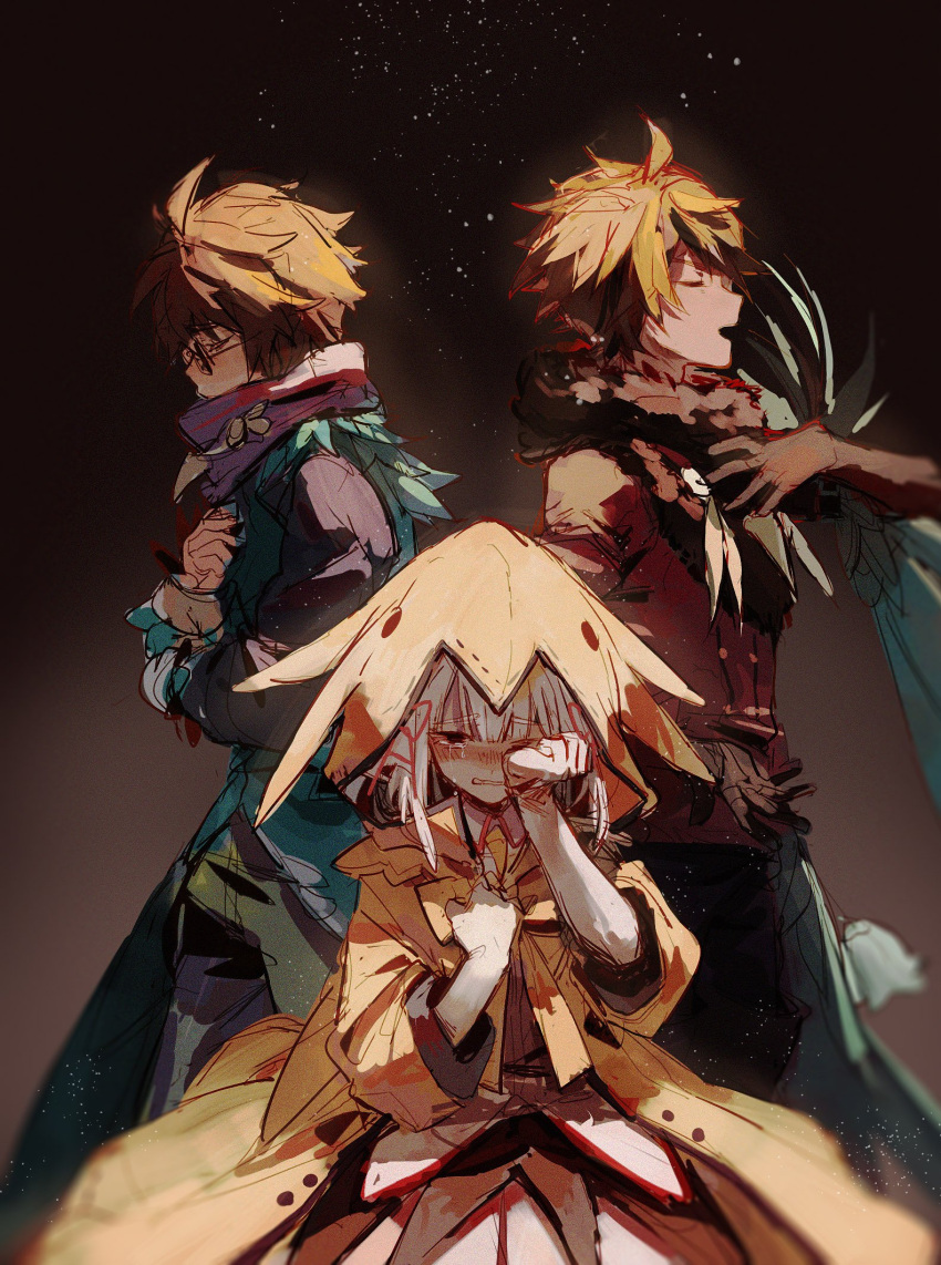 1girl, 2boys, ahoge, antel, bacheally, bangs, black_pants, black_shirt, blunt_bangs, brown_gloves, brown_hair, brown_jacket, clenched_teeth, closed_eyes, coat, collared_shirt, covered_mouth, crying, crying_with_eyes_open, dress, dual_persona, elbow_gloves, feather_trim, feet_out_of_frame, from_side, fur-trimmed_jacket, fur_trim, glasses, gloves, gradient, gradient_background, green_pants, green_vest, hair_ribbon, hand_on_own_chest, highres, hood, hood_up, hooded_coat, jacket, light_particles, merc_storia, multiple_boys, music, open_mouth, pants, profile, purple_scarf, red_eyes, ribbon, rubbing_eyes, scarf, serena_(merc_storia), shirt, short_hair, singing, straight-on, tears, teeth, vest, white_dress, white_gloves, white_hair, yellow_coat