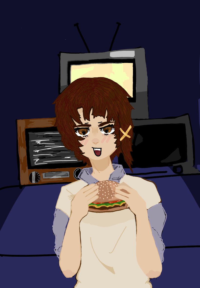 burger, burgermeal, eating, female_child, food, iwakura_lain, mikasocs, pale_skin, serial_experiments_lain, smile, solo, television