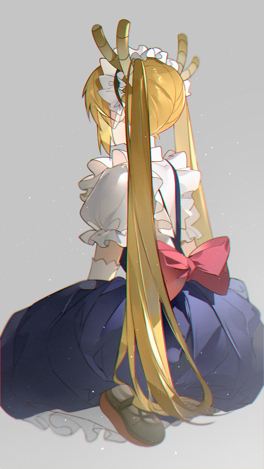1girl, black_dress, blonde_hair, blue_dress, bow, collared_shirt, dragon_girl, dragon_horns, dress, frilled_sleeves, frills, from_behind, gloves, grey_background, highres, horns, kobayashi-san_chi_no_maidragon, lao_bai_(pixiv36119836), light_particles, long_hair, maid_headdress, pinafore_dress, puffy_short_sleeves, puffy_sleeves, red_bow, shirt, shoe_soles, shoes, short_sleeves, simple_background, sitting, solo, tohru_(maidragon), twintails, very_long_hair, wariza, white_gloves, white_shirt