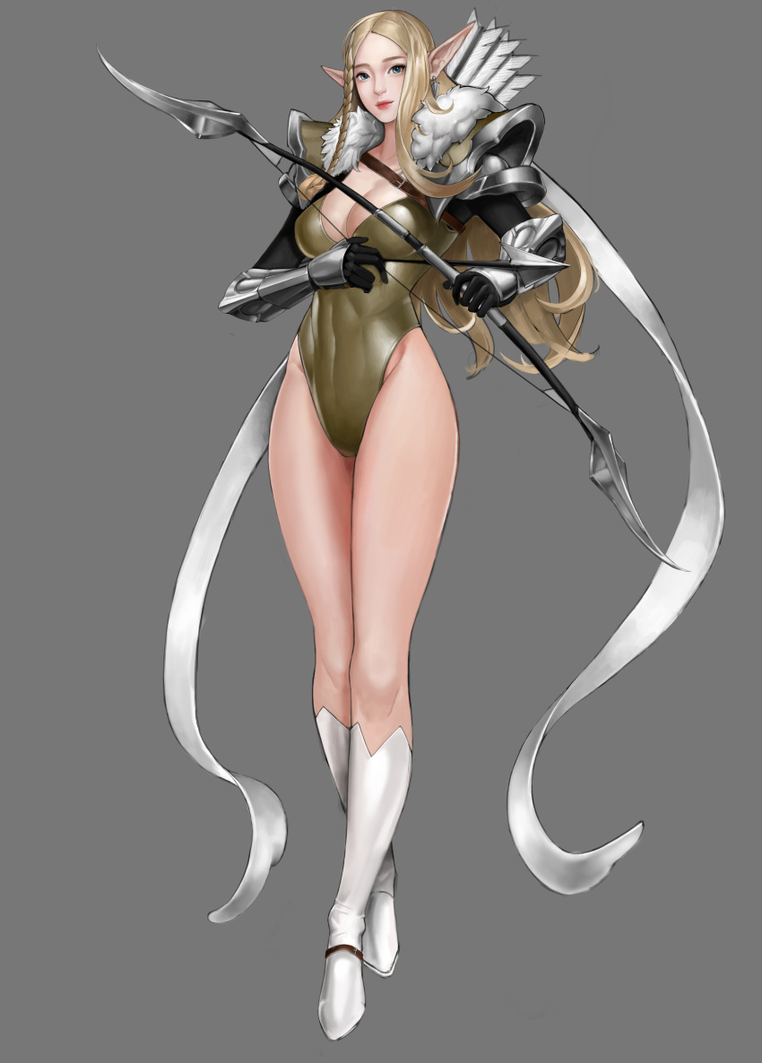 1girl, absurdres, arch, arrow_(projectile), blonde_hair, blue_eyes, boots, character_request, full_body, highres, jo_seunghyun, leotard, lipgloss, lipstick, long_hair, looking_at_viewer, makeup, pink_lips, pointy_ears, simple_background, solo, white_footwear