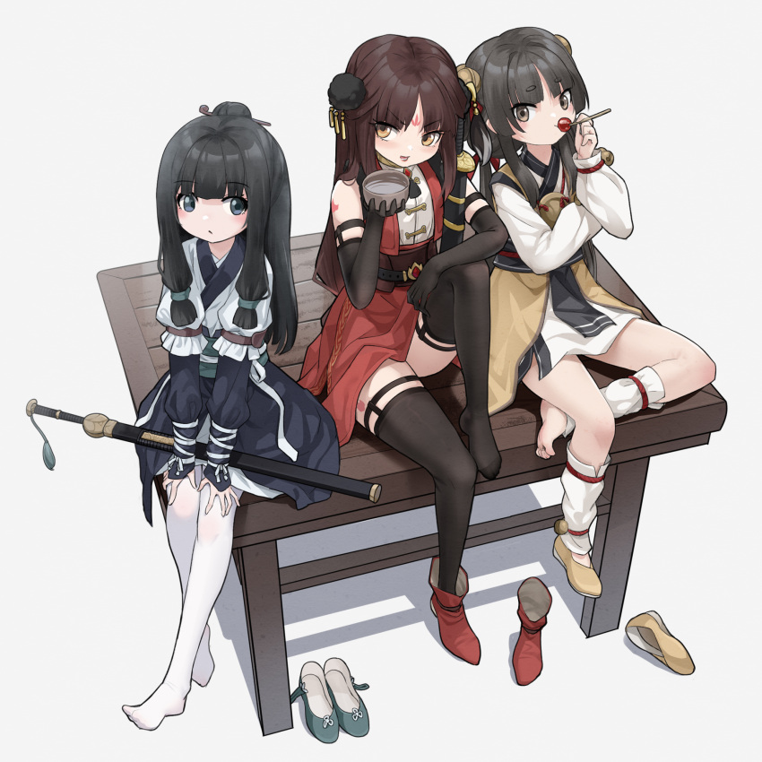 3girls, bangs, bell, black_gloves, black_hair, black_skirt, blush, boot_removed