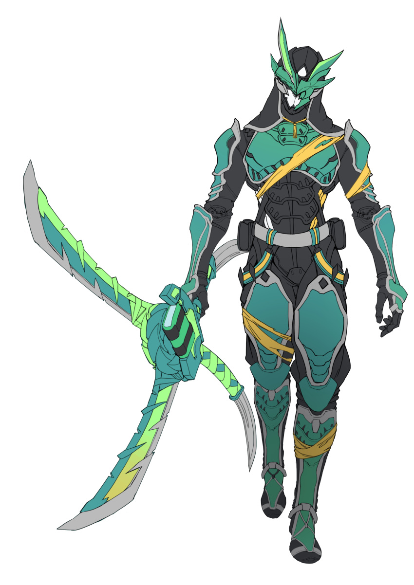 1boy, absurdres, armor, asymmetrical_armor, asymmetrical_footwear, black_armor, black_gloves, catball1994, fuuma_shuriken, gloves, green_armor, highres, holding, holding_weapon, kamen_rider, kamen_rider_kenzan, kamen_rider_saber_(series), male_focus, mismatched_footwear, ninja, possessed, scarf, sharp_teeth, shuriken, teeth, weapon
