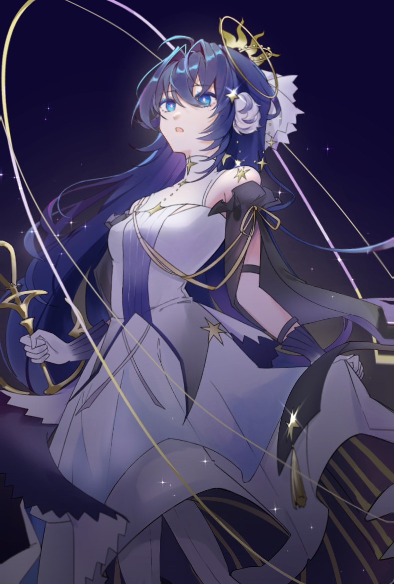 1girl, arknights, astesia_(arknights), astesia_(frlibre_on_the_palace)_(arknights), bare_shoulders, blue_background, blue_eyes, blue_hair, breasts, bright_pupils, dress, feet_out_of_frame, gloves, hair_between_eyes, hair_intakes, hair_ornament, holding, iris769675331, long_hair, official_alternate_costume, open_mouth, pantyhose, simple_background, small_breasts, solo, star_(sky), white_dress, white_gloves, white_pantyhose, white_pupils