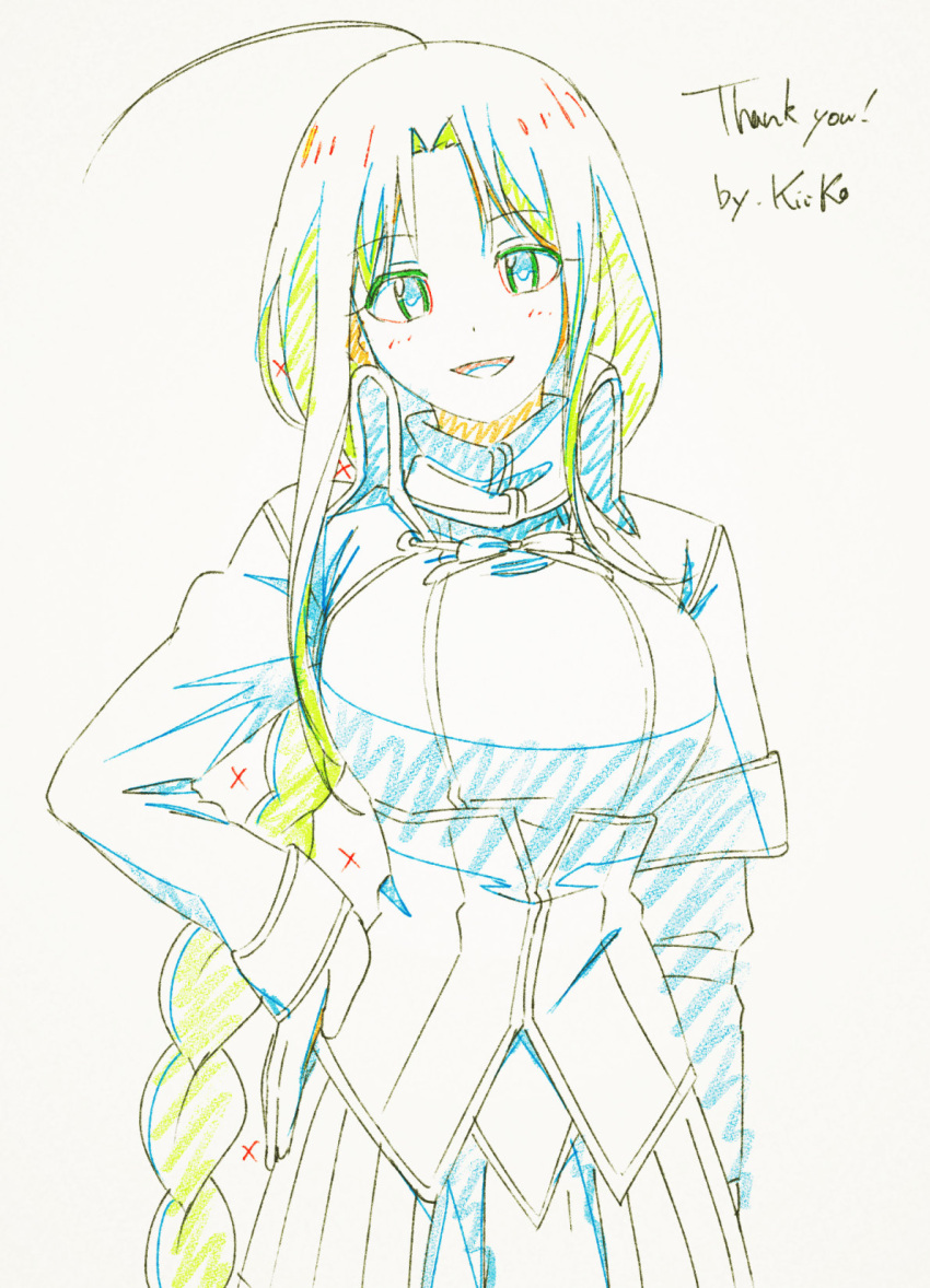 1girl, ahoge, bangs, breasts, character_request, color_trace, commission, fate_(series), green_hair, hand_on_hip, head_tilt, highres, jacket, kiiko_2233, long_hair, medium_breasts, open_mouth, parted_bangs, skeb_commission, skirt, smile, solo, very_long_hair