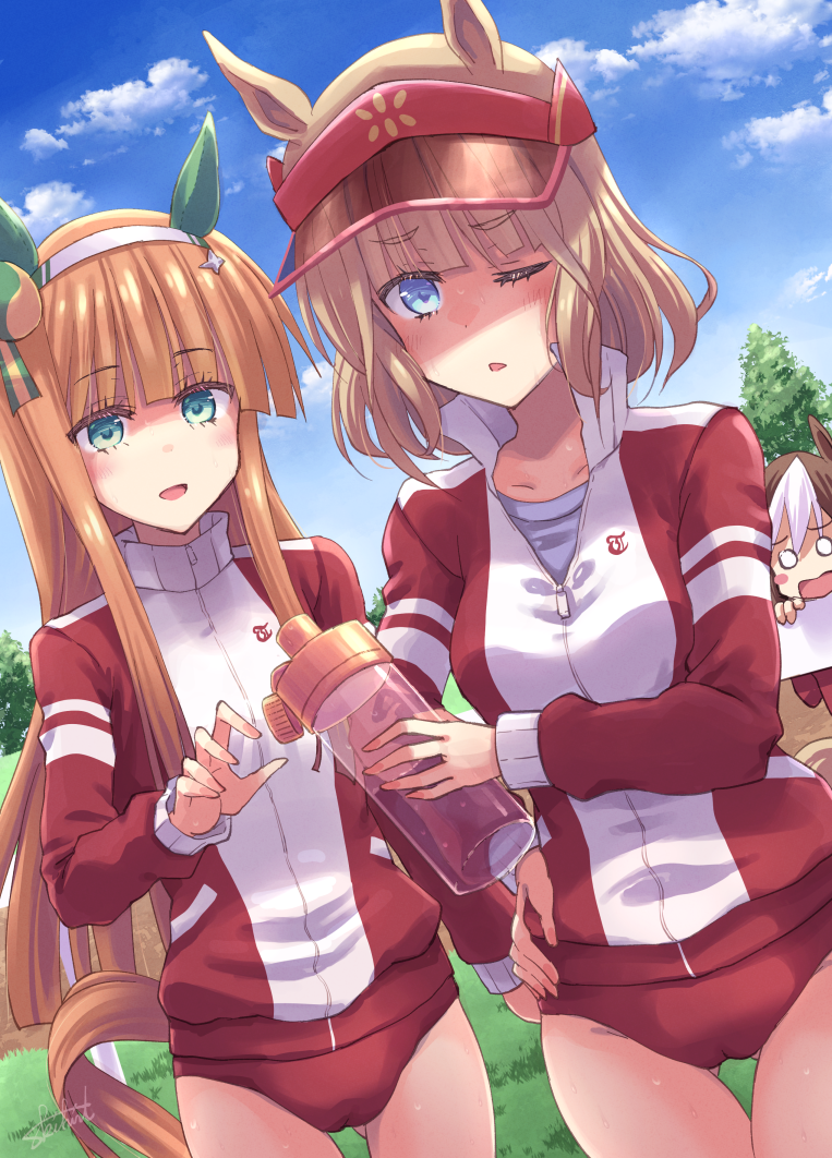 3girls, alternate_costume, animal_ears, bangs, breasts, brown_hair, buruma, commentary_request, horse_ears, horse_girl, horse_tail, long_hair, medium_breasts, multiple_girls, one_eye_closed, orange_hair, shaded_face, silence_suzuka_(umamusume), sky, special_week_(umamusume), sun_visor_(umamusume), tail, toshihiro, umamusume