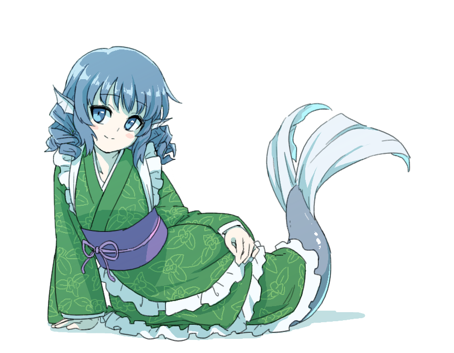 1girl, blue_eyes, blue_hair, drill_hair, head_fins, itani_illust, japanese_clothes, kimono