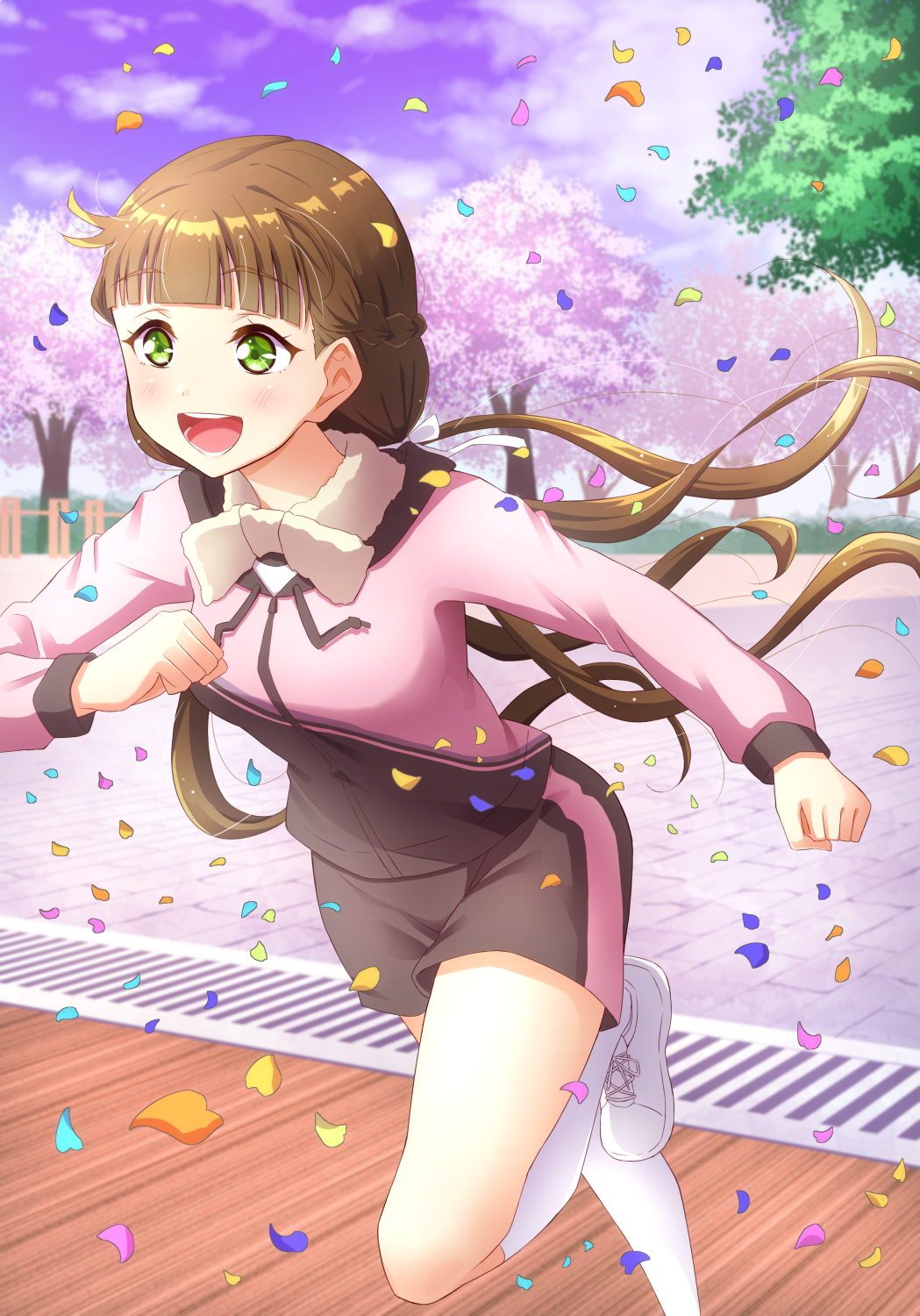 1girl, bangs, blunt_bangs, blush, breasts, brown_hair, cherry_blossoms, clouds
