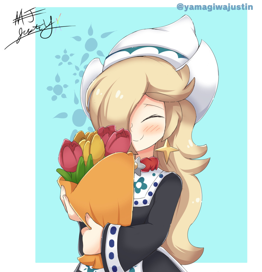 1girl, absurdres, bangs, blonde_hair, blush, closed_eyes, closed_mouth, dutch_clothes