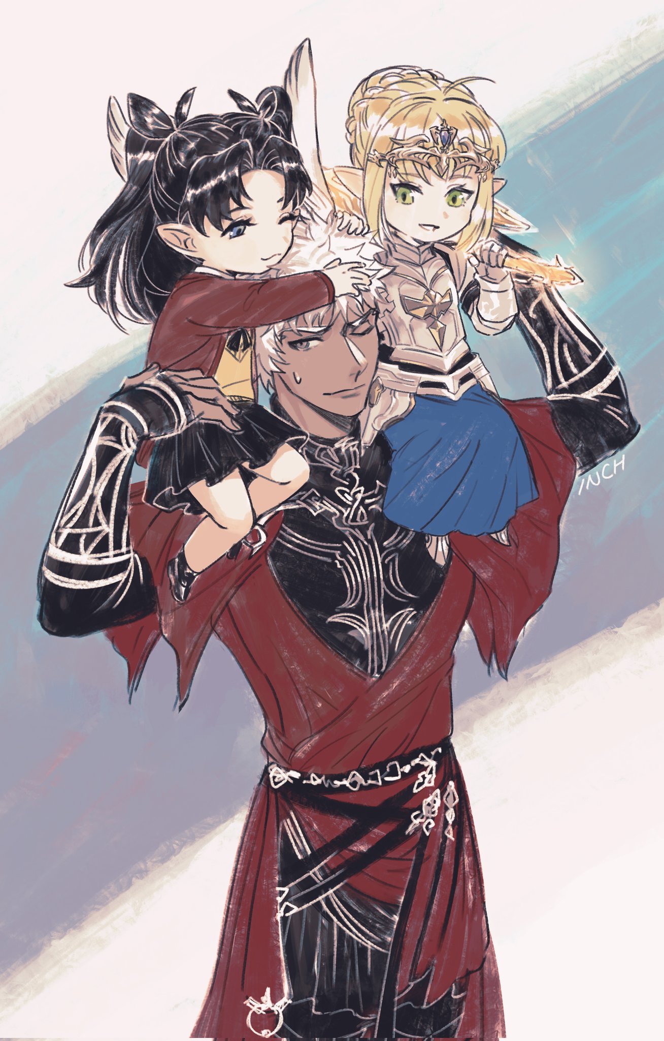 1boy, 2girls, adapted_costume, ahoge, animal_ears, archer_(fate), armor, artist_name, artoria_pendragon_(fate), bangs, belt, black_hair, blonde_hair, blue_eyes, crossover, dark-skinned_male, dark_skin, fate/stay_night, fate_(series), final_fantasy, final_fantasy_xiv, green_eyes, grey_eyes, hair_bun, headgear, highres, holding, holding_weapon, inch2814, kemonomimi_mode, lalafell, looking_at_another, multiple_girls, one_eye_closed, pointy_ears, rabbit_ears, saber, sitting_on_shoulder, size_difference, skirt, sweatdrop, tohsaka_rin, twintails, viera, weapon, white_hair