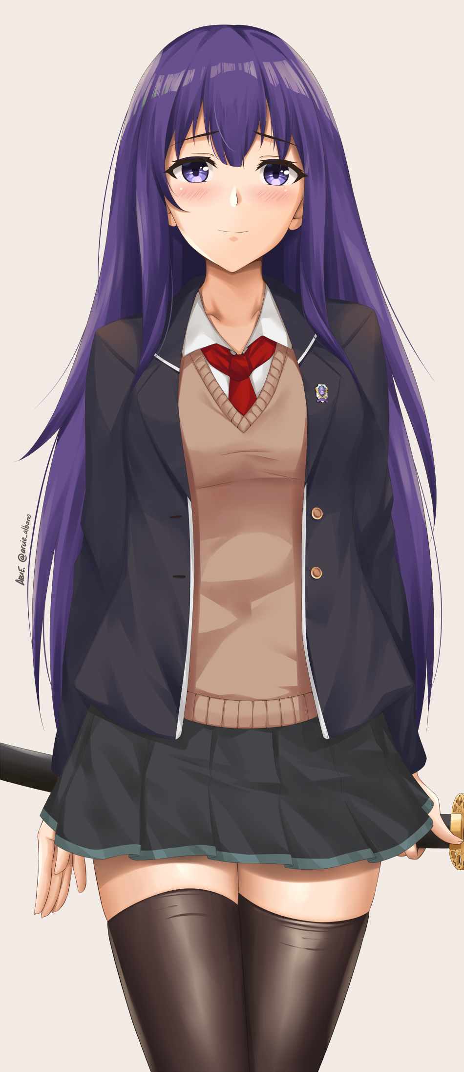 1girl, abs, arcie_albano, arm_at_side, ass_visible_through_thighs, black_jacket, black_thighhighs, blazer, blush, bow, bow_bra, bow_panties, bra, breasts, collarbone, highres, jacket, katana, light_smile, long_hair, looking_at_another, medium_breasts, mixed-language_commentary, navel, necktie, original, panties, pleated_skirt, red_necktie, school_uniform, shirt, signature, skirt, solo, sweater, sword, thigh-highs, thigh_gap, thighs, twitter_username, underwear, violet_eyes, weapon, white_background, white_shirt, zettai_ryouiki