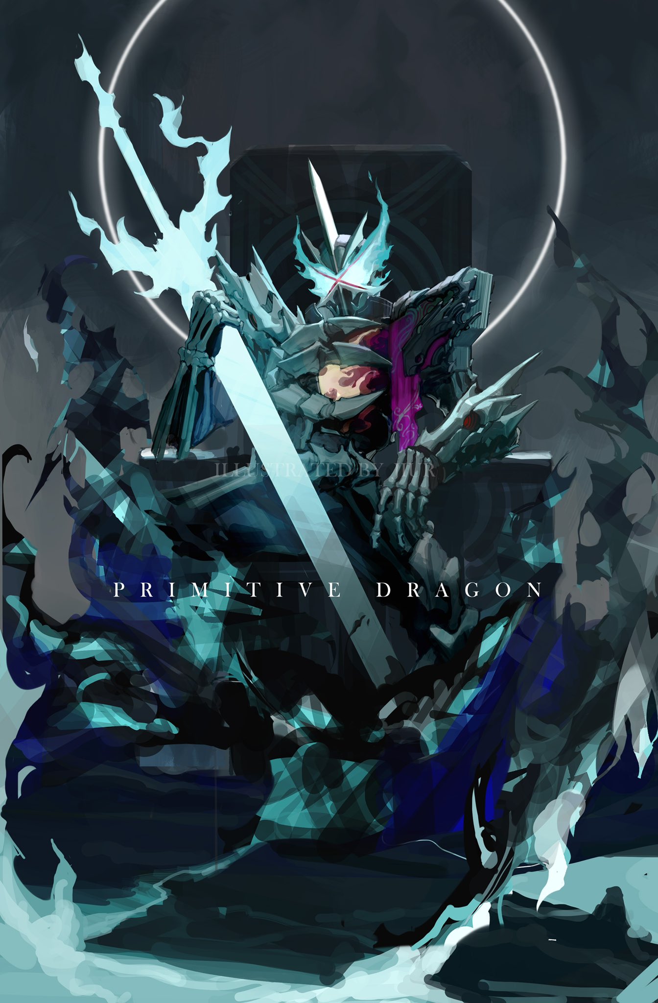 1boy, armor, blue_fire, bone, bone_armor, fire, flame, flaming_sword