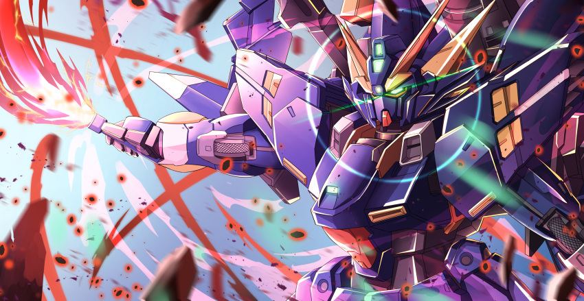 absurdres, beam_saber, glowing, glowing_eyes, gun, highres, holding, holding_gun, holding_sword, holding_weapon, huckebein_30th, looking_up, mecha, no_humans, science_fiction, shiny, solo, super_robot_wars, super_robot_wars_30, sword, tory_(pixiv), v-fin, weapon, white_eyes