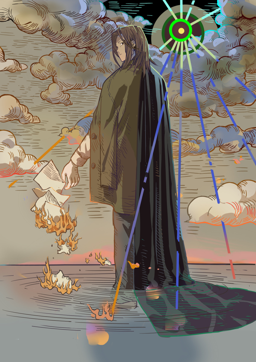 1girl, absurdres, brown_coat, brown_hair, clarri, clouds, coat, commentary_request