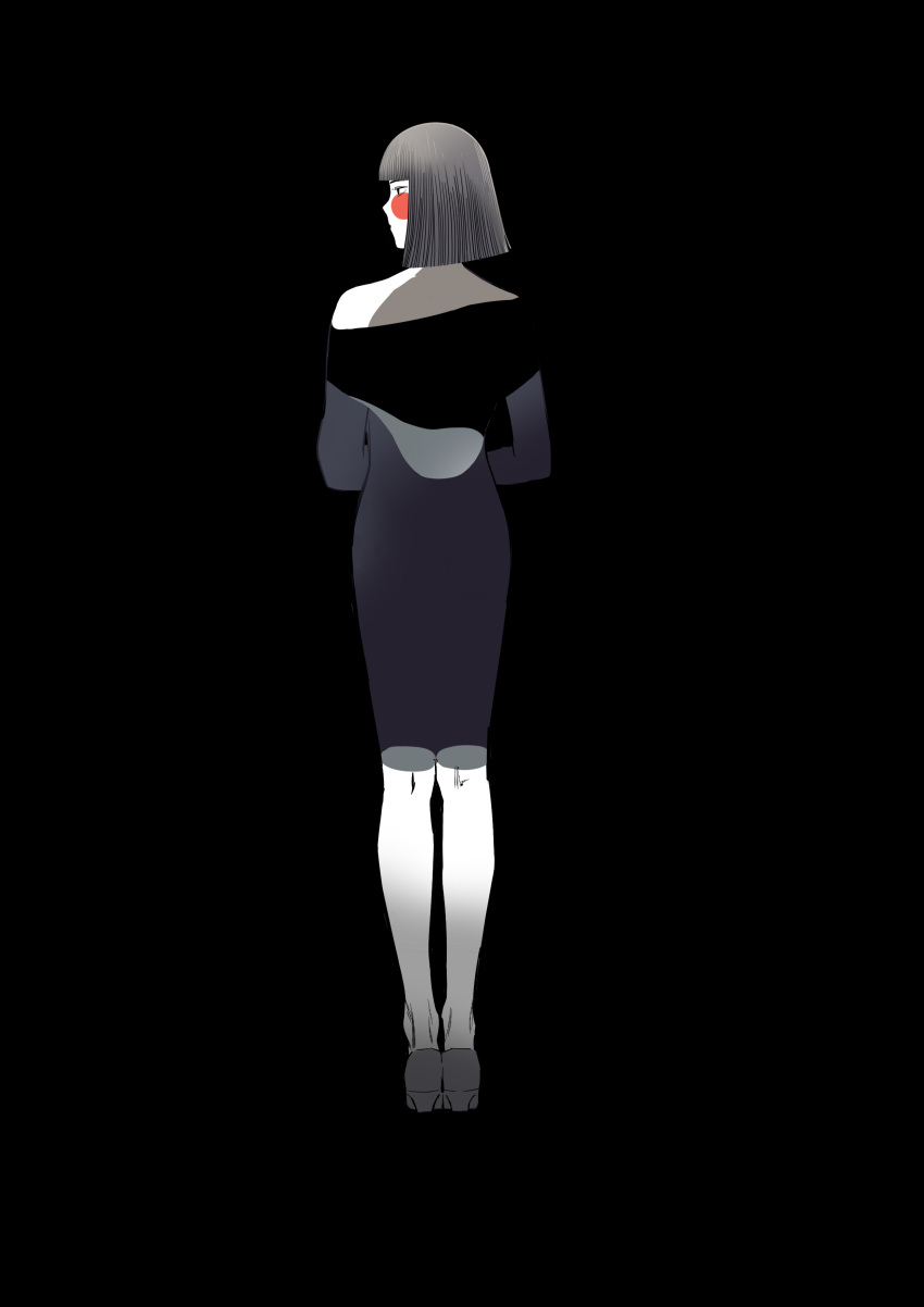 1girl, absurdres, black_background, black_dress, clarri, di_qiu_wang_shi, dress, from_behind, full_body, highres, limited_palette, pale_skin, shoes, simple_background, solo, sophon, standing