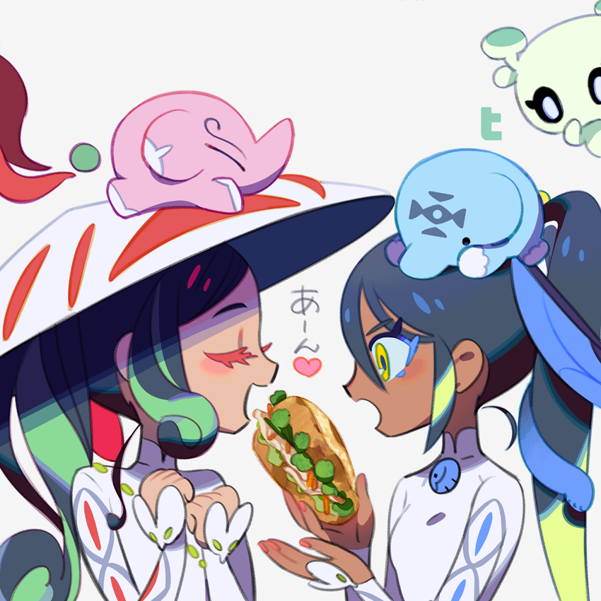 2girls, animal_on_head, banh_mi, black_hair, closed_eyes, colored_eyelashes, dark-skinned_female, dark_skin