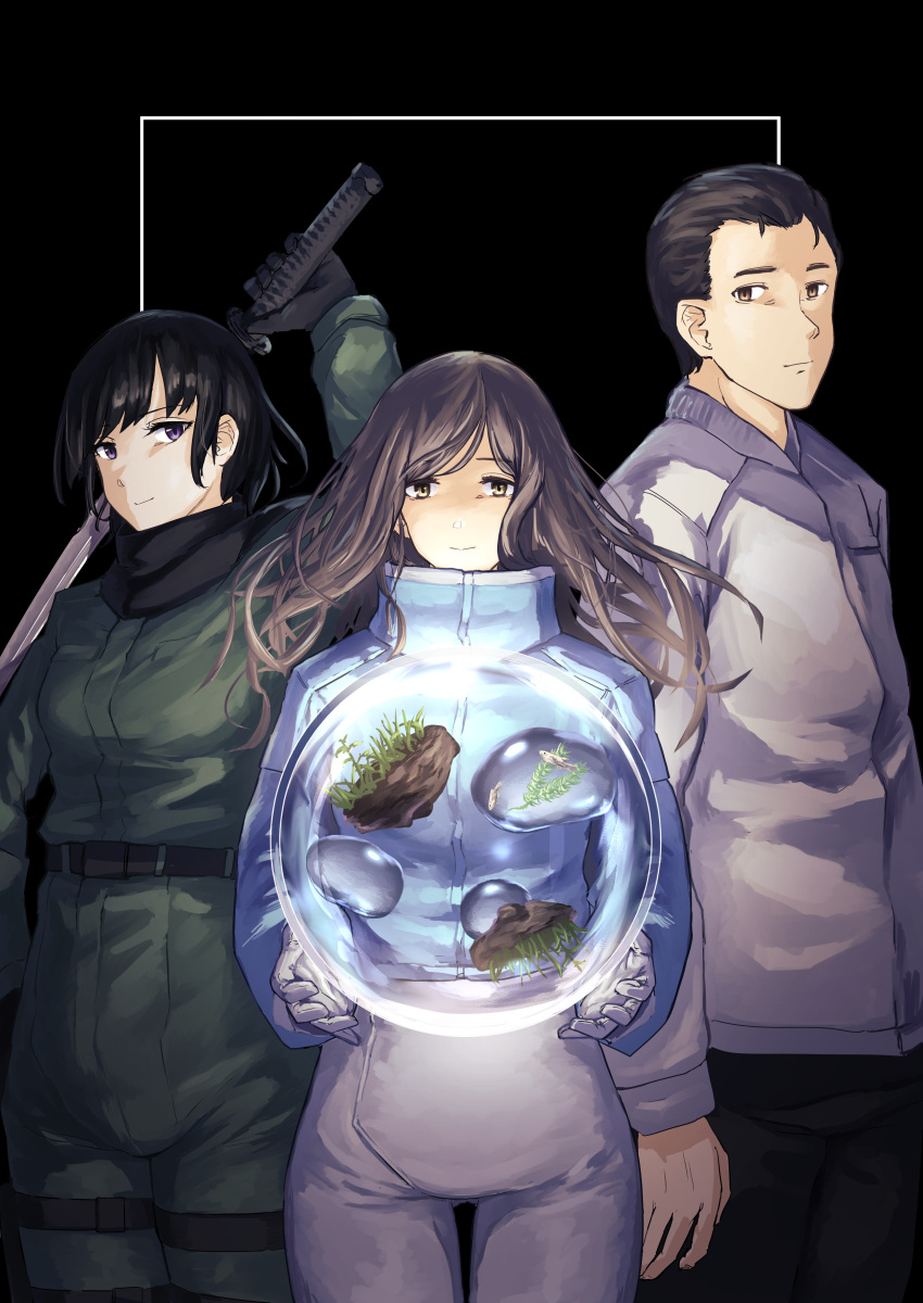 1boy, 2girls, absurdres, black_gloves, black_hair, bodysuit, brown_eyes, brown_hair