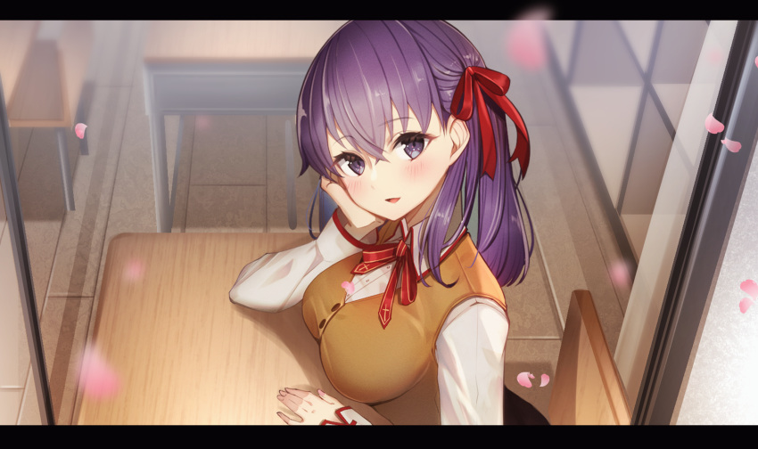 1girl, arm_rest, breasts, brown_vest, chair, classroom, collared_shirt, cross_print